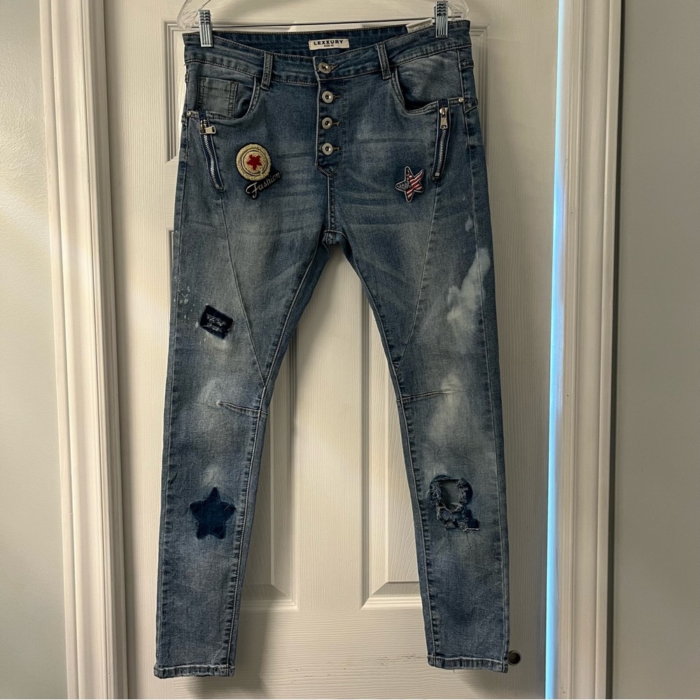 LEXXURY denim JEANS with Patches Button fly women’s size Large 40 blue